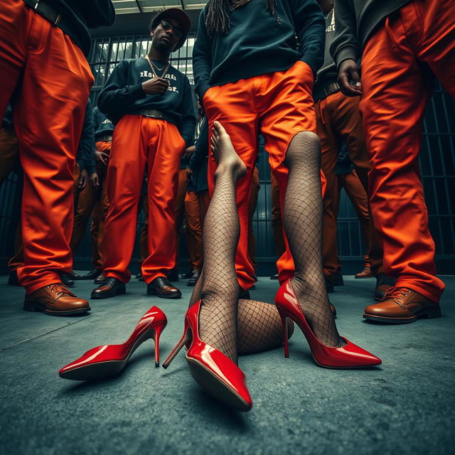 A low angle shot featuring a large group of African American gang members, showcasing their legs dressed in baggy orange pants, standing confidently around two Caucasian legs wearing ripped fishnets and striking red high heels lying on the ground, emphasized by the stark context of prison bars in the background, creating an intense and dramatic scene