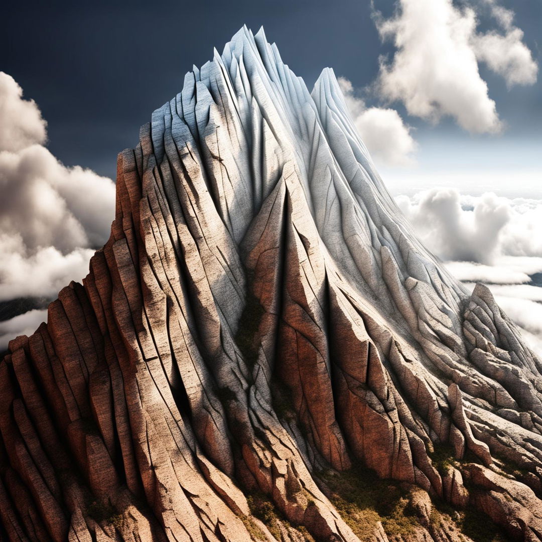 A HD architectural photograph showcasing a natural skyscraper: a towering mountain with geometric precision and varied textures mimicking man-made structures, bathed in contrasting light and shadow against a clear blue sky.