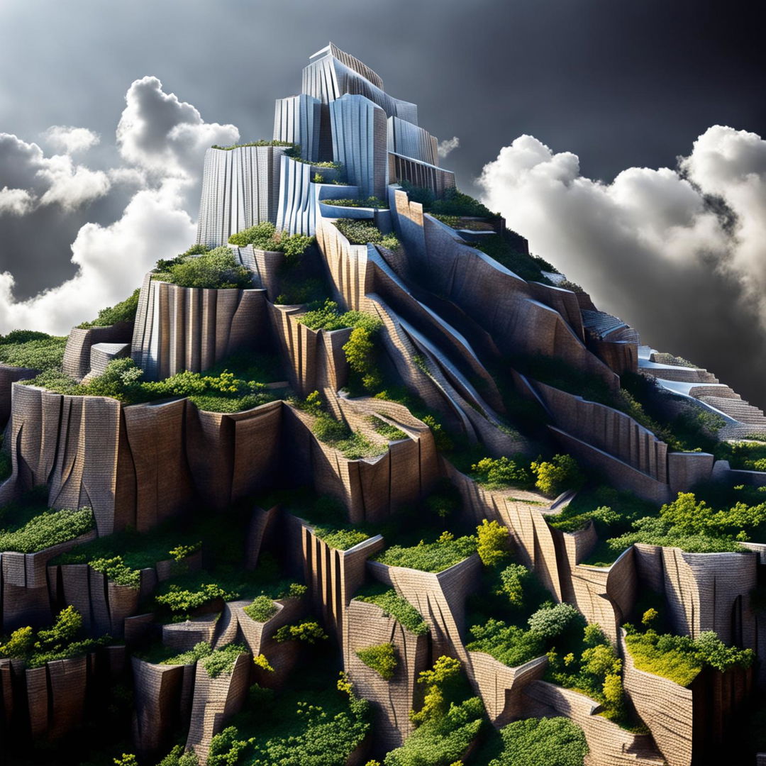 A HD architectural photograph of a natural skyscraper: a towering mountain with distinct, man-made architectural elements, bathed in contrasting light and shadow against a clear blue sky.