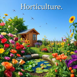 A vibrant and detailed scene showcasing a diverse horticulture garden featuring various colorful flowers, lush green plants, and healthy vegetables, with a prominent heading that reads 'Horticulture'