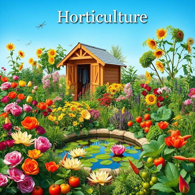 A vibrant and detailed scene showcasing a diverse horticulture garden featuring various colorful flowers, lush green plants, and healthy vegetables, with a prominent heading that reads 'Horticulture'