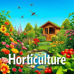 A vibrant and detailed scene showcasing a diverse horticulture garden featuring various colorful flowers, lush green plants, and healthy vegetables, with a prominent heading that reads 'Horticulture'