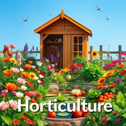 A vibrant and detailed scene showcasing a diverse horticulture garden featuring various colorful flowers, lush green plants, and healthy vegetables, with a prominent heading that reads 'Horticulture'