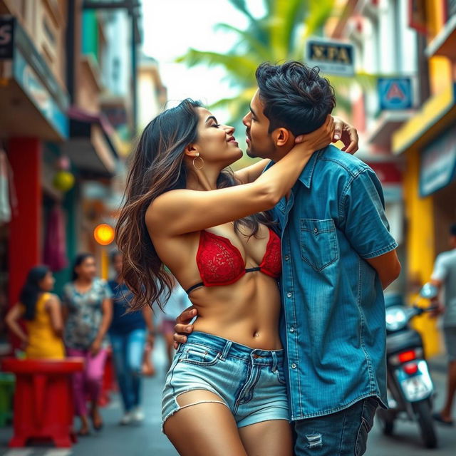 A lively scene set on a vibrant street in Goa, featuring a young woman inspired by Kiara Advani wearing a stylish bikini top and denim shorts that stylishly showcase her cleavage