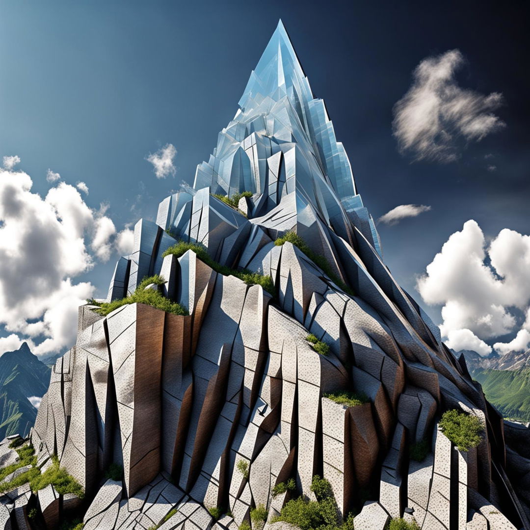 A HD architectural photograph of a natural skyscraper: a towering mountain with distinct, glass-like facets reflecting the sky, mimicking modern architectural designs.