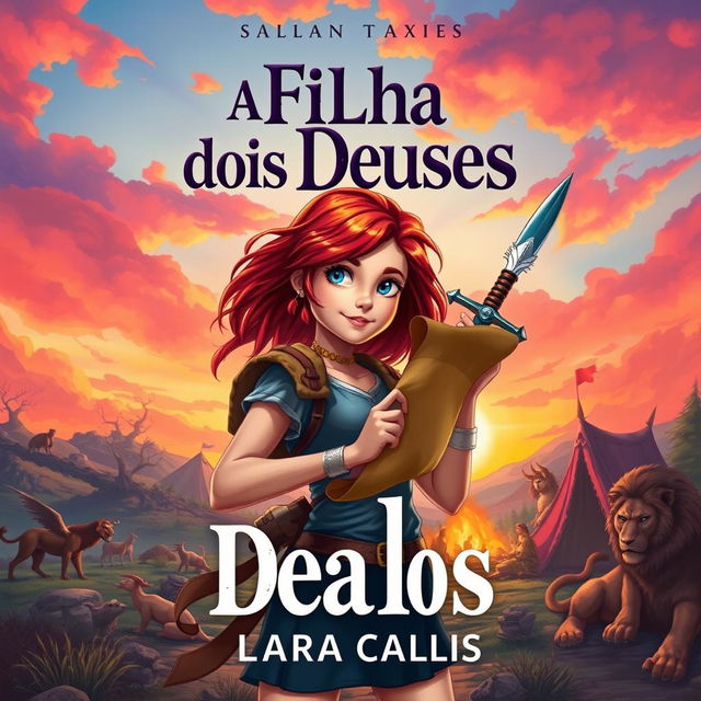 A vibrant book cover featuring Lara Callis, a teenage girl with reddish-brown hair, confidently holding a scroll in one hand and a sword in the other