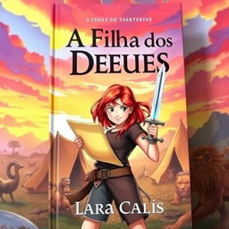 A vibrant book cover featuring Lara Callis, a teenage girl with reddish-brown hair, confidently holding a scroll in one hand and a sword in the other