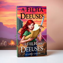 A vibrant book cover featuring Lara Callis, a teenage girl with reddish-brown hair, confidently holding a scroll in one hand and a sword in the other