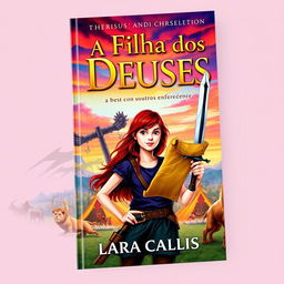 A vibrant book cover featuring Lara Callis, a teenage girl with reddish-brown hair, confidently holding a scroll in one hand and a sword in the other