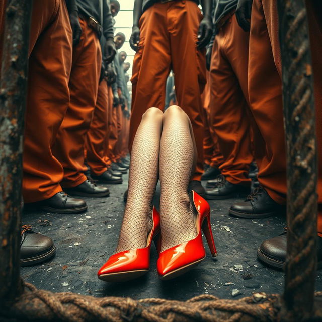 A dramatic low angle shot capturing a large group of African American gang members, their legs clad in baggy orange pants, standing around two Caucasian legs dressed in ripped fishnets and striking red high heels, which are laying on the ground