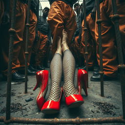 A dramatic low angle shot capturing a large group of African American gang members, their legs clad in baggy orange pants, standing around two Caucasian legs dressed in ripped fishnets and striking red high heels, which are laying on the ground