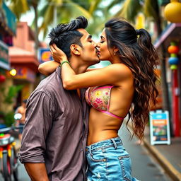 A lively scene set on a vibrant street in Goa, featuring a young woman inspired by Kiara Advani wearing a stylish bikini top and a trendy denim skirt