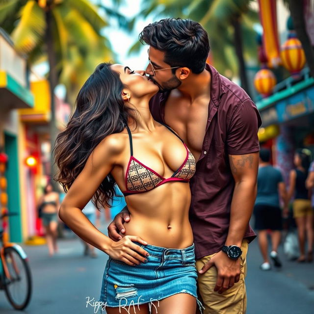 A lively scene set on a vibrant street in Goa, featuring a young woman inspired by Kiara Advani wearing a stylish bikini top and a trendy denim skirt