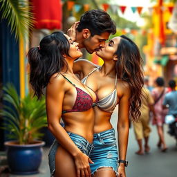 A lively scene set on a vibrant street in Goa, featuring a young woman inspired by Kiara Advani wearing a stylish bikini top and a trendy denim skirt