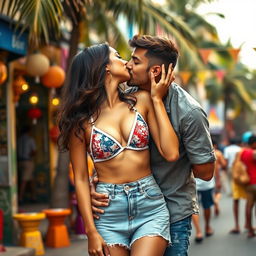 A lively scene set on a vibrant street in Goa, featuring a young woman inspired by Kiara Advani wearing a stylish bikini top and a trendy denim skirt