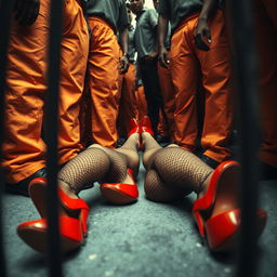 A low angle view showcasing a large group of African American gang members, their legs clad in baggy orange pants, gathered around the legs of two Caucasian individuals