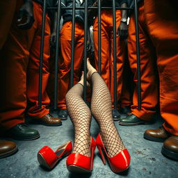 A low angle view showcasing a large group of African American gang members, their legs clad in baggy orange pants, gathered around the legs of two Caucasian individuals