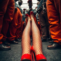 A low angle view showcasing a large group of African American gang members, their legs clad in baggy orange pants, gathered around the legs of two Caucasian individuals