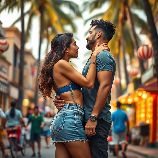 A lively scene set on a vibrant street in Goa, featuring a young woman inspired by Kiara Advani, wearing a stylish bikini top and a form-fitting denim skirt