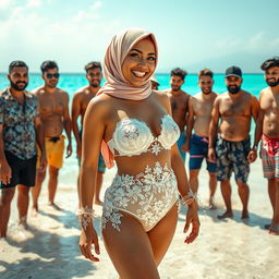 An Arab Muslim hijabi woman with an hourglass figure wearing a unique bikini that creatively incorporates bridal elements