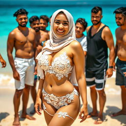 An Arab Muslim hijabi woman with an hourglass figure wearing a unique bikini that creatively incorporates bridal elements