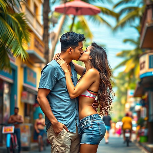 A vibrant street scene in Goa featuring a young woman inspired by Kiara Advani, dressed in a chic bikini top and a tight denim skirt