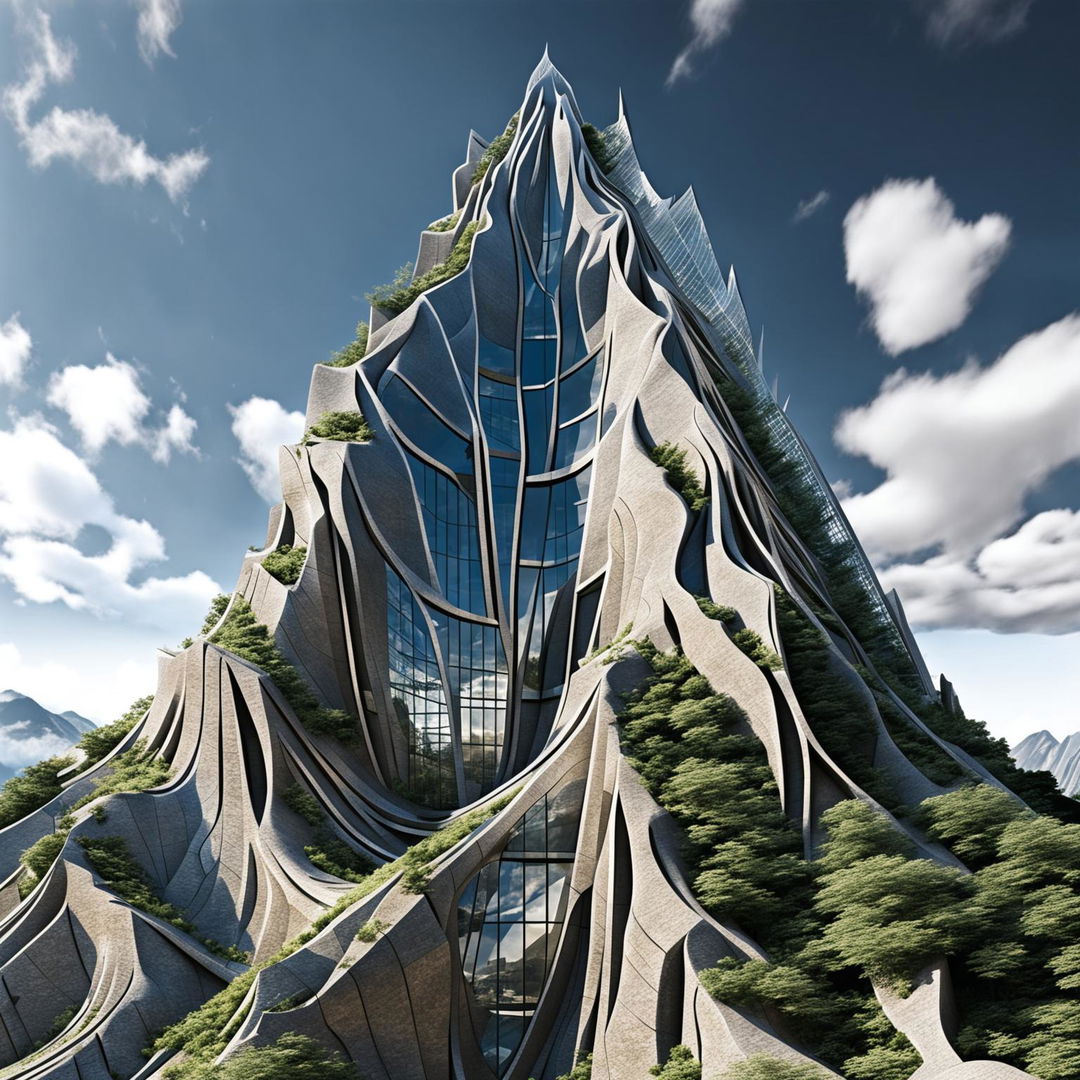 A HD architectural photograph of a natural skyscraper: a towering mountain with parametric design elements, glass-like facets reflecting the sky, mimicking modern architectural designs.