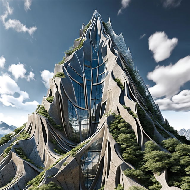 A HD architectural photograph of a natural skyscraper: a towering mountain with parametric design elements, glass-like facets reflecting the sky, mimicking modern architectural designs.