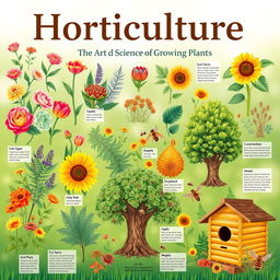 A beautifully arranged educational poster titled 'Horticulture: The Art and Science of Growing Plants'