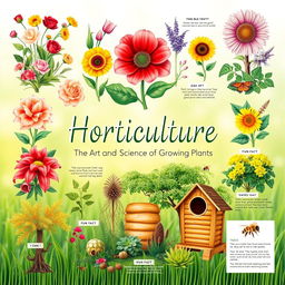A beautifully arranged educational poster titled 'Horticulture: The Art and Science of Growing Plants'