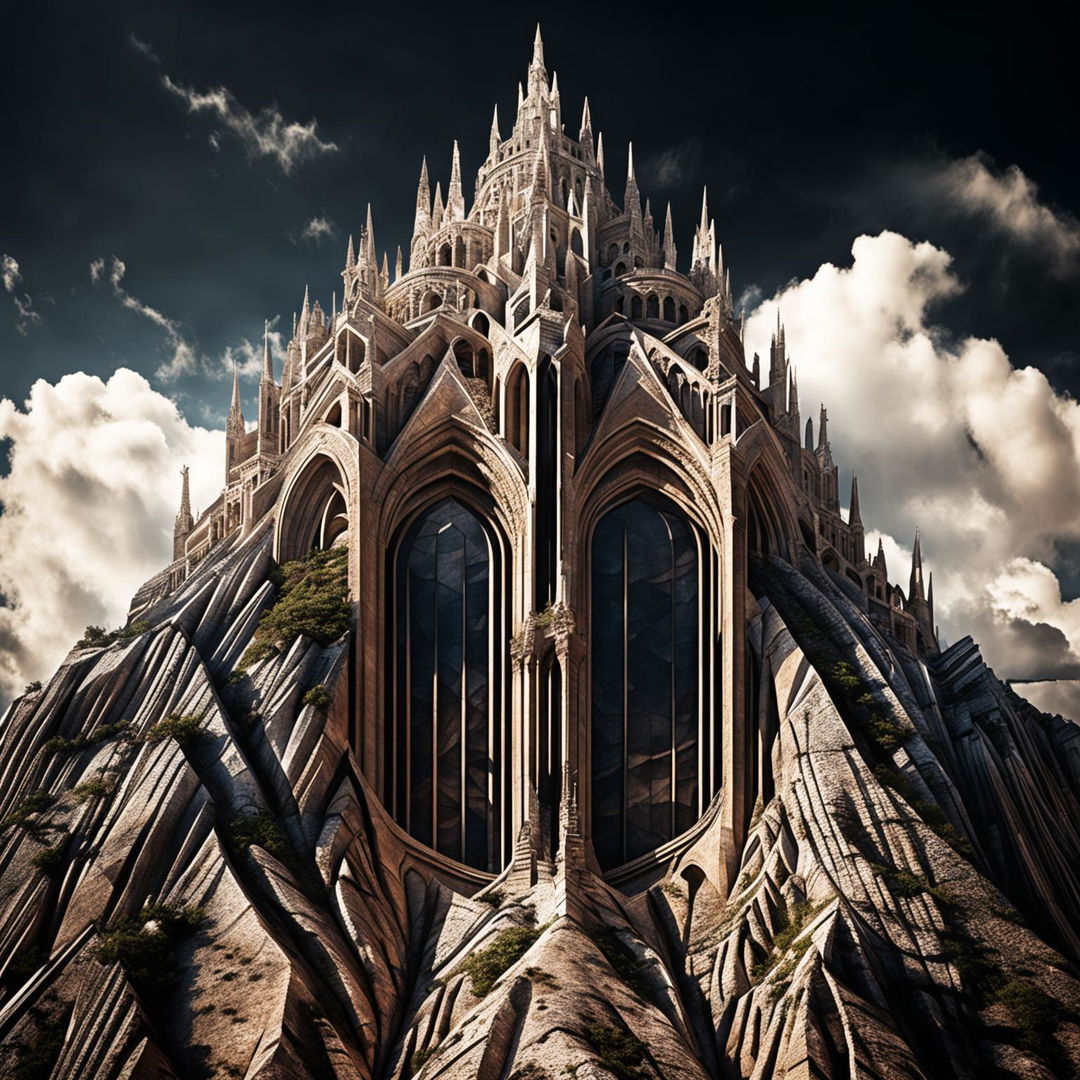 A HD architectural photograph of a natural skyscraper: a towering mountain with distinct, gothic architectural elements, under a dramatic sky.