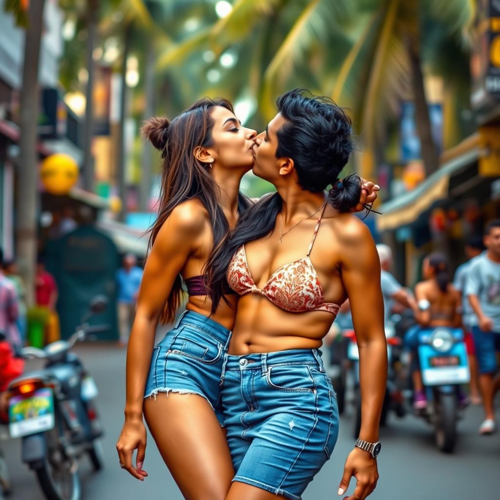 A lively and colorful street scene in Goa featuring a young woman inspired by Nushrat Bharucha, dressed in a stylish bikini top and a form-fitting denim skirt