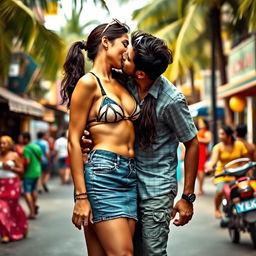A lively and colorful street scene in Goa featuring a young woman inspired by Nushrat Bharucha, dressed in a stylish bikini top and a form-fitting denim skirt