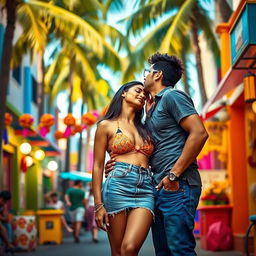 A vibrant street scene in Goa featuring a young woman inspired by Nushrat Bharucha, wearing a stylish bikini top and a tight denim skirt