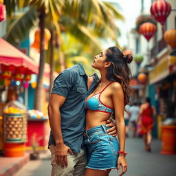 A vibrant street scene in Goa featuring a young woman inspired by Nushrat Bharucha, wearing a stylish bikini top and a tight denim skirt