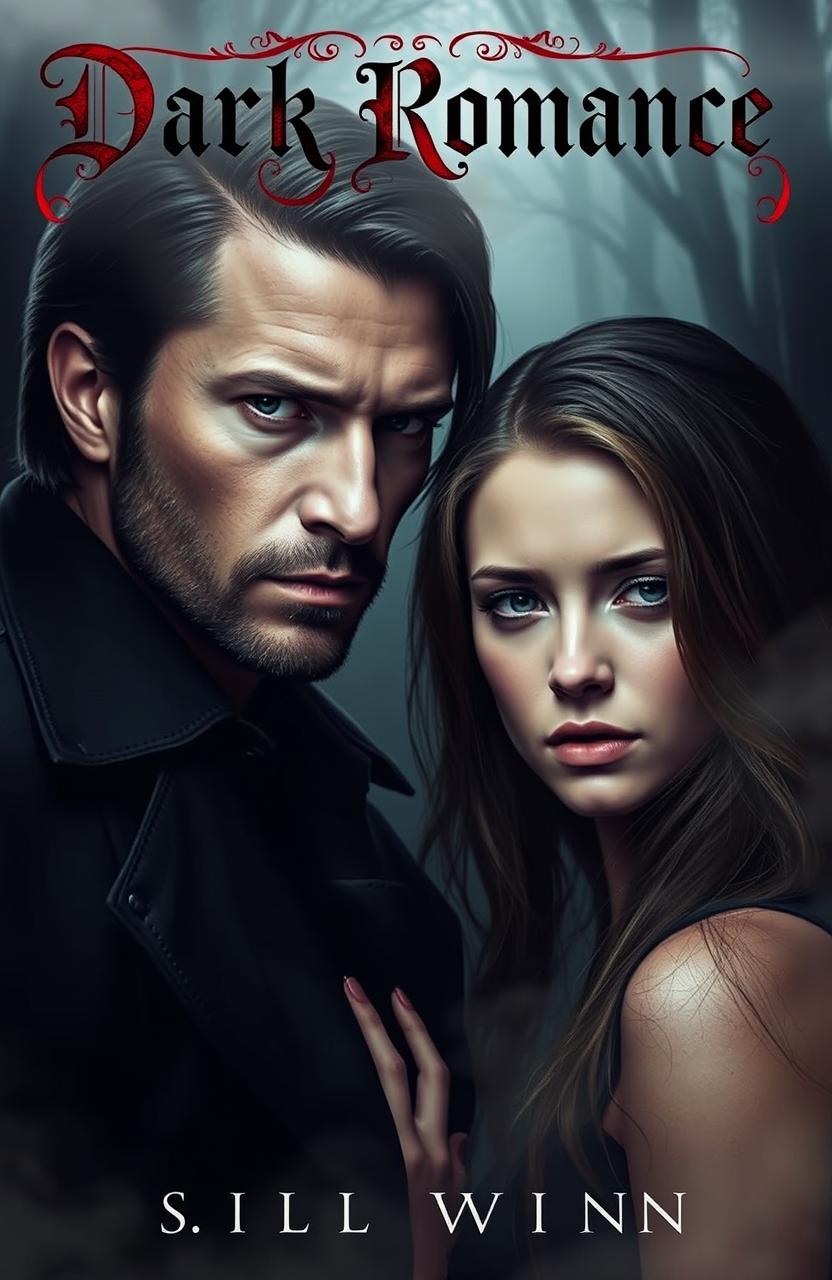 A dark romance book cover featuring a close-up of a mysterious man and a captivating girl