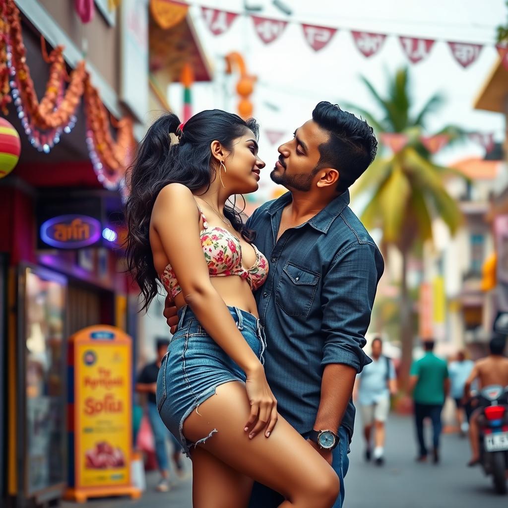 A vibrant street scene in Goa showcasing a young woman inspired by Nushrat Bharucha, wearing a stylish bikini top and a tight denim skirt