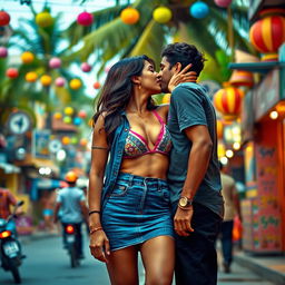 A vibrant street scene in Goa showcasing a young woman inspired by Nushrat Bharucha, wearing a stylish bikini top and a tight denim skirt