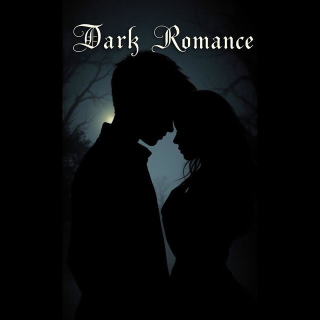 A dark romance book cover showcasing the silhouettes of a boy and a girl positioned closely together, their forms blending into a shadowy background