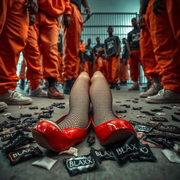 A dramatic low-angle shot featuring a large gang of African American gang members with their legs prominently displayed, all wearing baggy orange pants