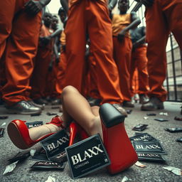 A dynamic low angle shot capturing the legs of a large group of African American gang members clad in baggy orange pants, radiating an aura of confidence and authority