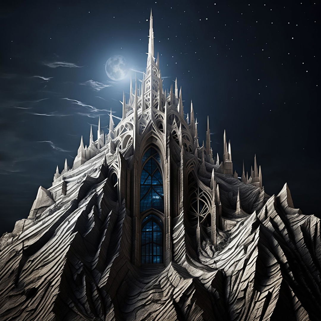 A HD architectural photograph of a natural skyscraper: a towering mountain with distinct, gothic architectural elements, under a starlit night sky.