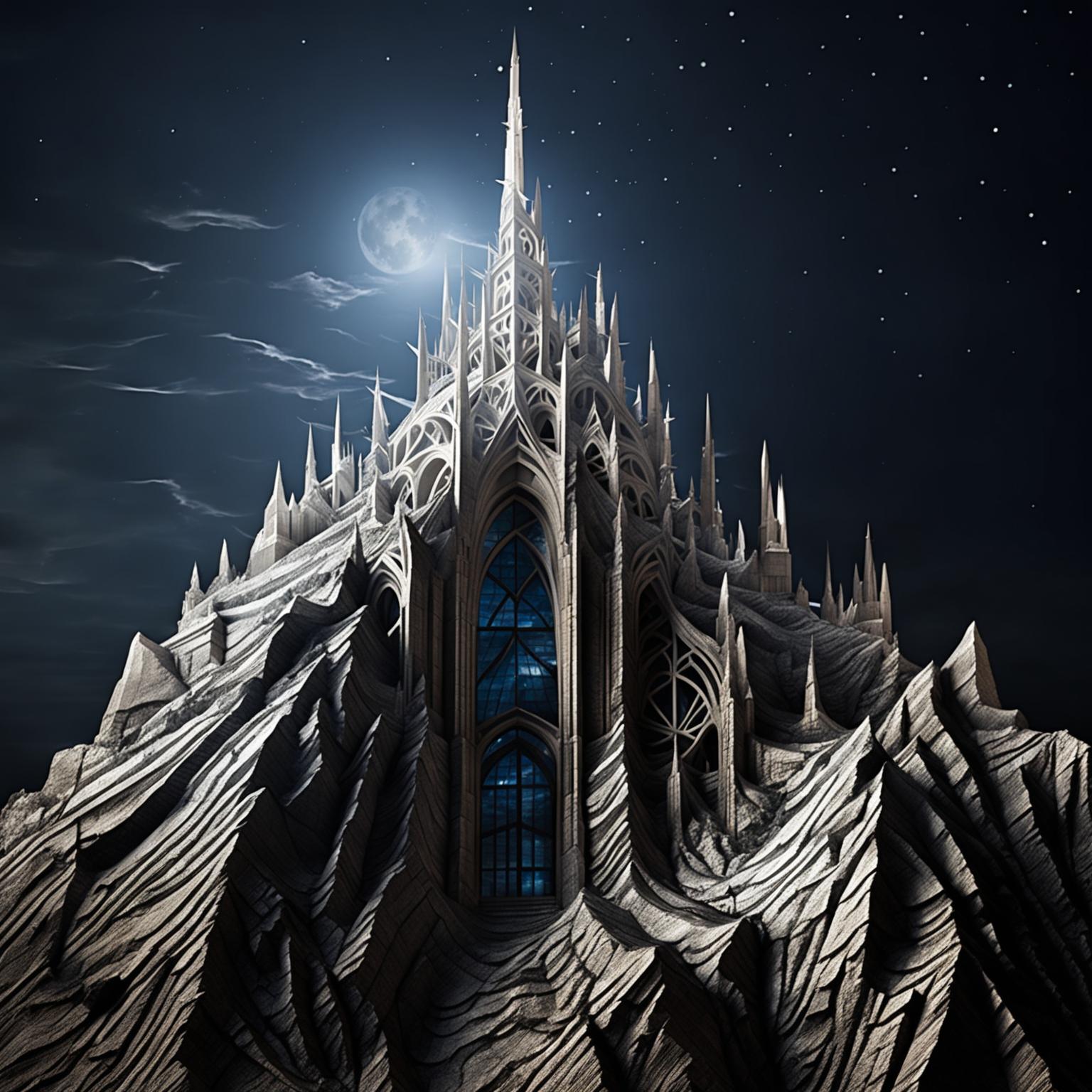 A HD architectural photograph of a natural skyscraper: a towering mountain with distinct, gothic architectural elements, under a starlit night sky.