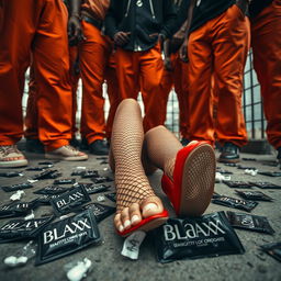 A dynamic low angle shot capturing the legs of a large group of African American gang members clad in baggy orange pants, radiating an aura of confidence and authority