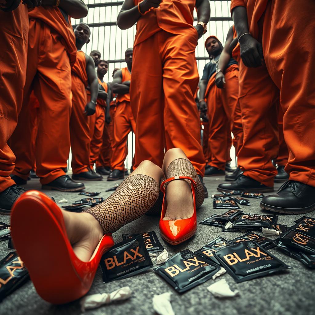 A dynamic low angle shot capturing the legs of a large group of African American gang members clad in baggy orange pants, radiating an aura of confidence and authority