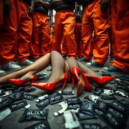 A cinematic low-angle shot featuring a large group of African American gang members with baggy orange pants, their strong legs creating a powerful visual impact