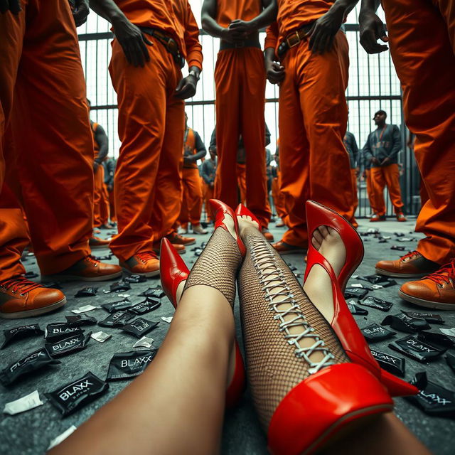 A cinematic low-angle shot featuring a large group of African American gang members with baggy orange pants, their strong legs creating a powerful visual impact