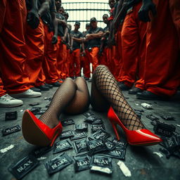 A cinematic low-angle shot featuring a large group of African American gang members with baggy orange pants, their strong legs creating a powerful visual impact