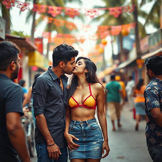 A vibrant street scene in Goa featuring a young woman inspired by Nushrat Bharucha, dressed in a stylish bikini top and a tight denim skirt