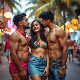 A vibrant street scene in Goa featuring a young woman inspired by Nushrat Bharucha, dressed in a stylish bikini top and a tight denim skirt